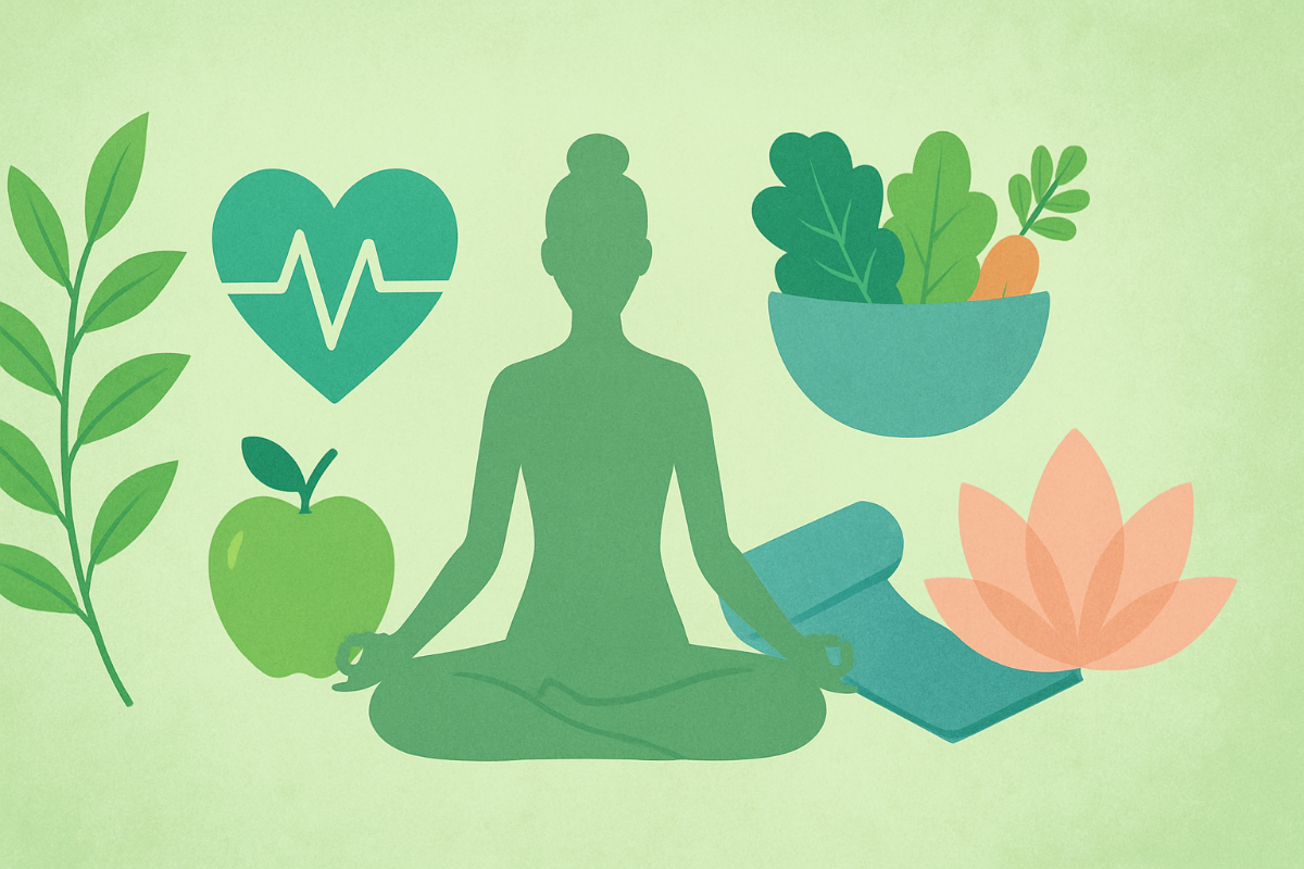 Illustration of a person meditating with health and nature symbols on a green background
