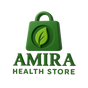 Green logo of Amira Health Store with a leaf symbol on a white background